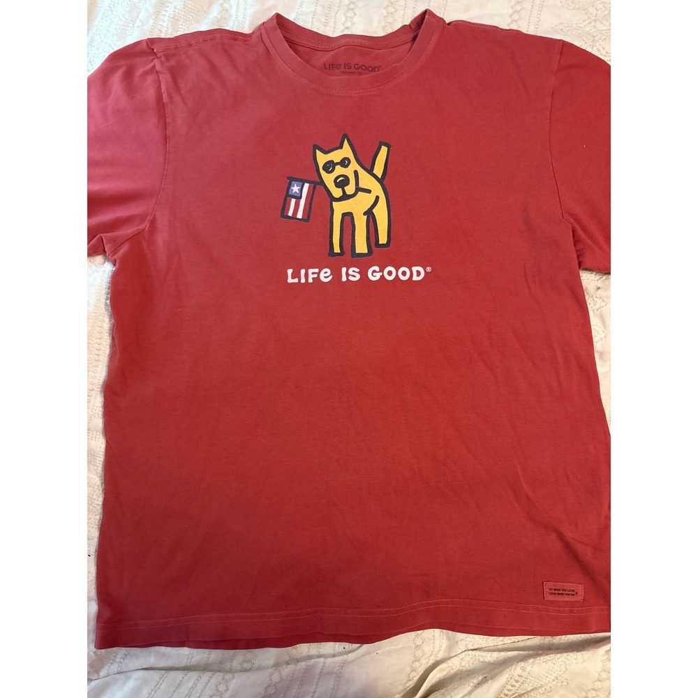 Life is Good Men's Red‎ Crusher Tee, Rocket with Flag, Large